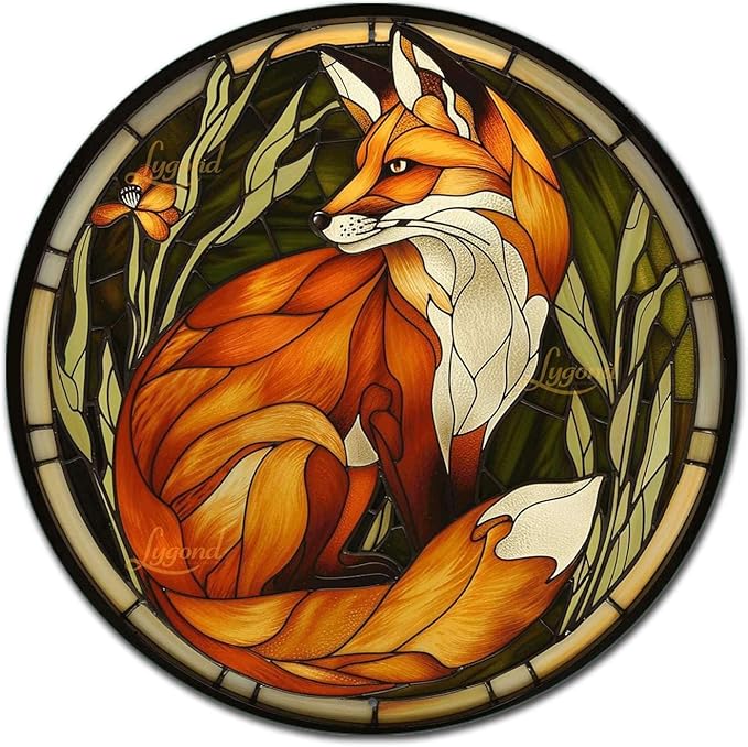 Lygond Metal Sign Tin Sign Circular Stained Glass Red Fox Sign Garden Outside for Patio 12×12 Inches