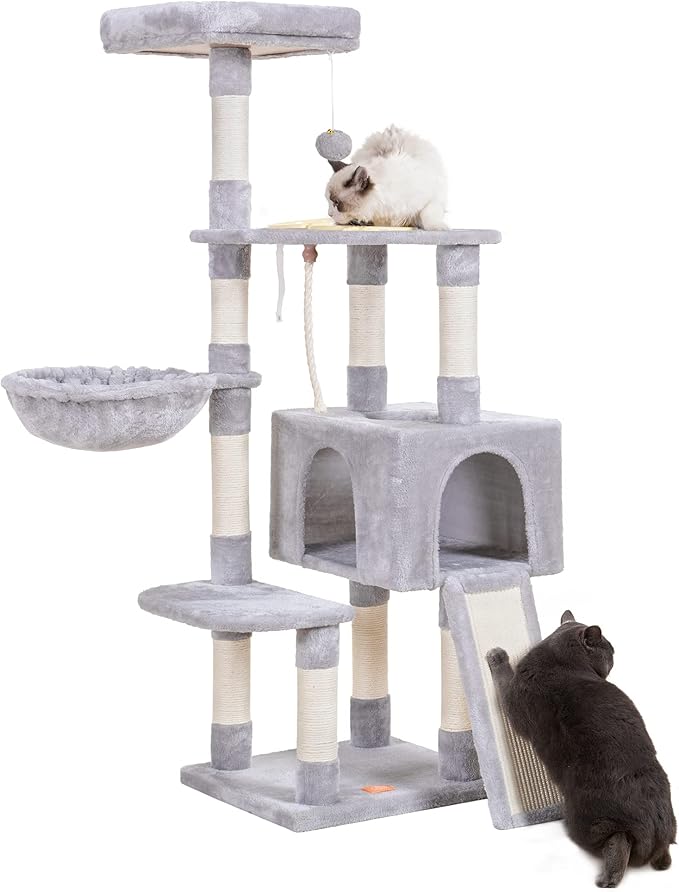 Heybly Cat Tree, Cat Tower for Indoor Cats with Scratching Board, Multi-Level Cat Furniture Condo with Feeding Bowl, Light Gray HCT010MW