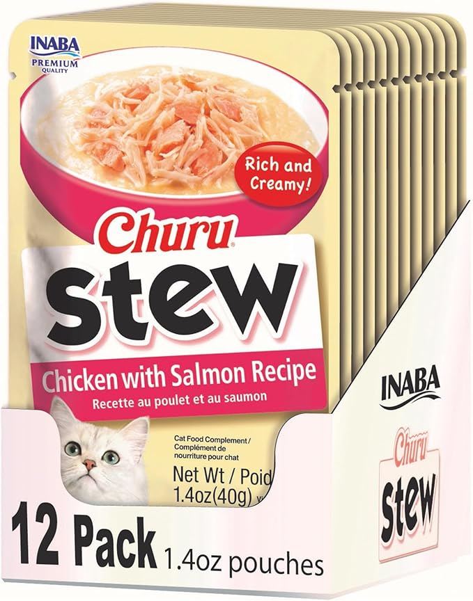 INABA Churu Stew for Cats, Side Dish Pouch with Vitamin E, 1.4 Ounces per Pouch, 12 Pouches, Chicken with Salmon Recipe