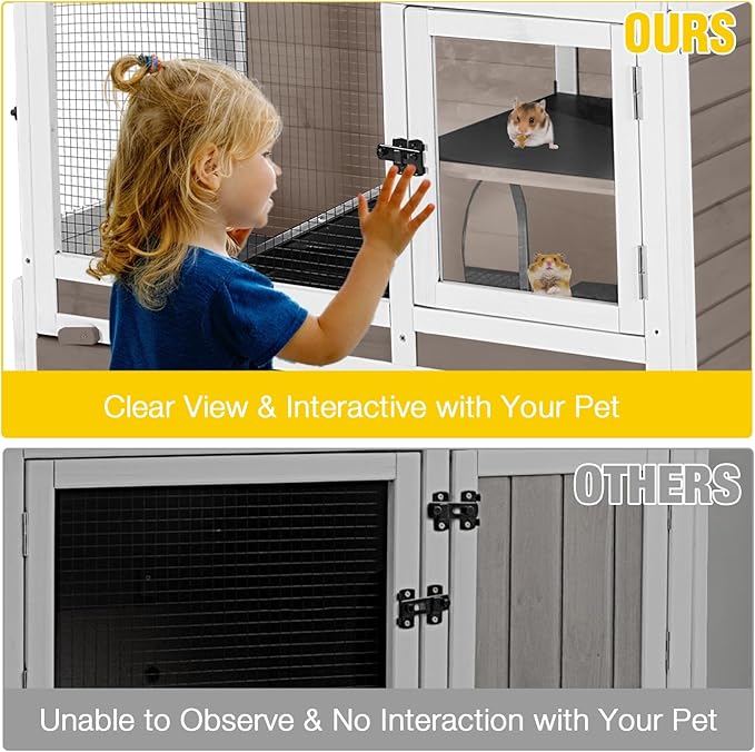 AIVITUVIN Wooden Guinea Pig Cage Indoor with Cooling Plate and Anti-Chewing Edges Two-Story Rabbit Hutch Pull Out Tray Outdoor Rabbit Cage with Raised Stand and Wire Mesh Small Animals Cage (Brown