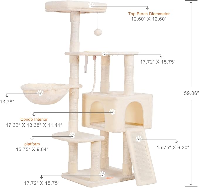 Heybly Cat Tree, Cat Tower for Indoor Cats with Scratching Board, Multi-Level Cat Furniture Condo with Feeding Bowl, Beige HCT010MM
