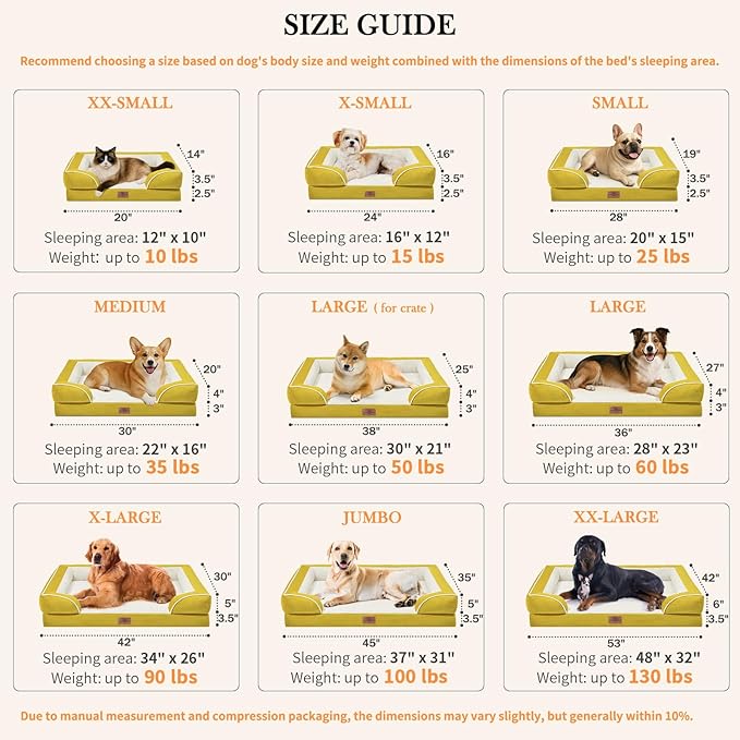 Comfort Expression Medium Dog Beds Waterproof Orthopedic Foam Dog Sofa Beds for Medium Large Dogs Comfy Pet Bed with Washable Removable Cover & Non-Slip Bottom(Medium,Spicy Mustard)