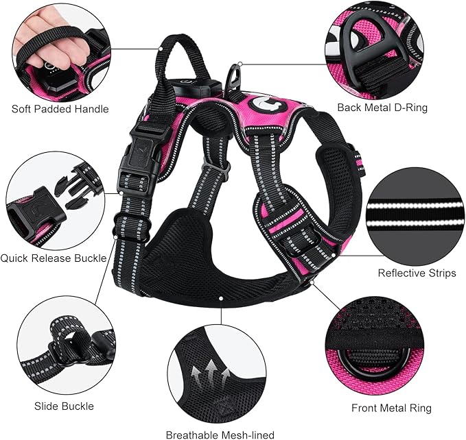 Taglory Light Up Dog Harness, Rechargeable No Pull Dog Vest with 3 Lightning Modes, Reflective Dog Harness with 2 Leash Clips & 4 Adjustable Slide Strips for Large Dogs, Hotpink-Hotpink, XL