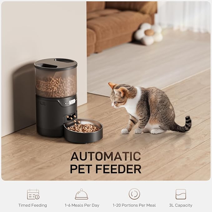 Automatic Cat Feeder: 3L Auto Food Dispenser with Timed Feeding| 6 Meal Programmable& 1-20 Portion Precise Control- Easy to Clean for Cat Indoor| Desiccant Keep Food Fresh with Staiess Bowl