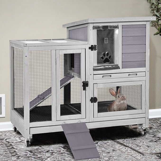 GUTINNEEN 2-Story Rabbit Hutch Indoor with Chew-Proof Ramp & Slide-Out Plastic Trays - Wooden Small Animal Cage Guinea Pig Cages with Wheels for 2-4 Rabbits, Bunnies, and Guinea Pigs (Grey)