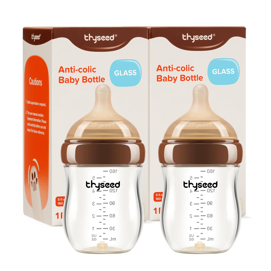 Thyseed Anti-Colic Glass Baby Bottle for Breastfed Infants, Natural Feeding, Breast-Like Newborn Extra Slow Flow Nipple (0m+), 5 oz, 1 Pack