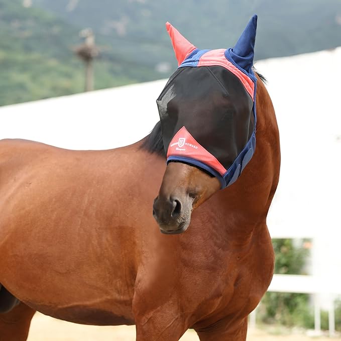 Harrison Howard Pro Luminous Horse Fly Mask Large Eye Space Half Face with Ears UV Protection for Horse Coral Orange/Navy XL
