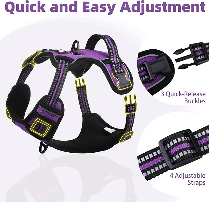 PUPTECK No Pull Dog Harness Medium Sized, Adjustable Reflective Dog Harness with Handle Easy Control, Comfortable Soft Padded Pet Vest Harness for Medium Dogs, Solid Purple M