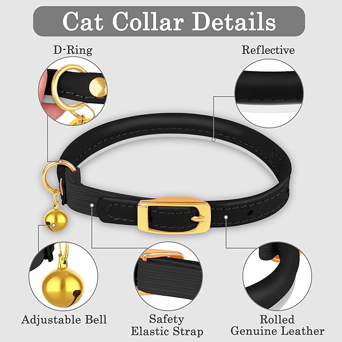 OOPSDOGGY Rolled Leather Cat Collar with Bell - Reflective Kitten Collar with Safety Elastic Strap - Adjustable Small Pet Collars for Boy Girl Cats (Black)