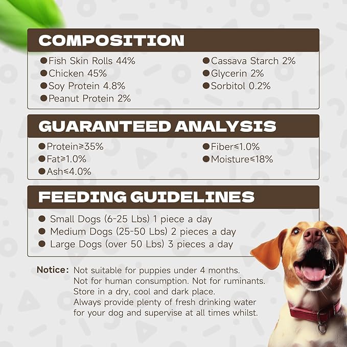Chicken Wrapped Cod Skin Dog Treats, High Protein Chicken Jerky Chews Rawhide-Free Long-Lasting Dog Training Treats Snacks for Medium and Breeds 10.54oz