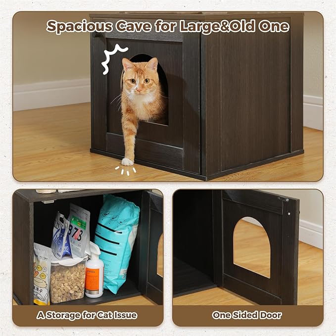 Tall Cat Tree with Litter Box Enclosure 57.5" Wooden Cat Tower for Large Cats with Cat Hammock House Bed (Pure Black)