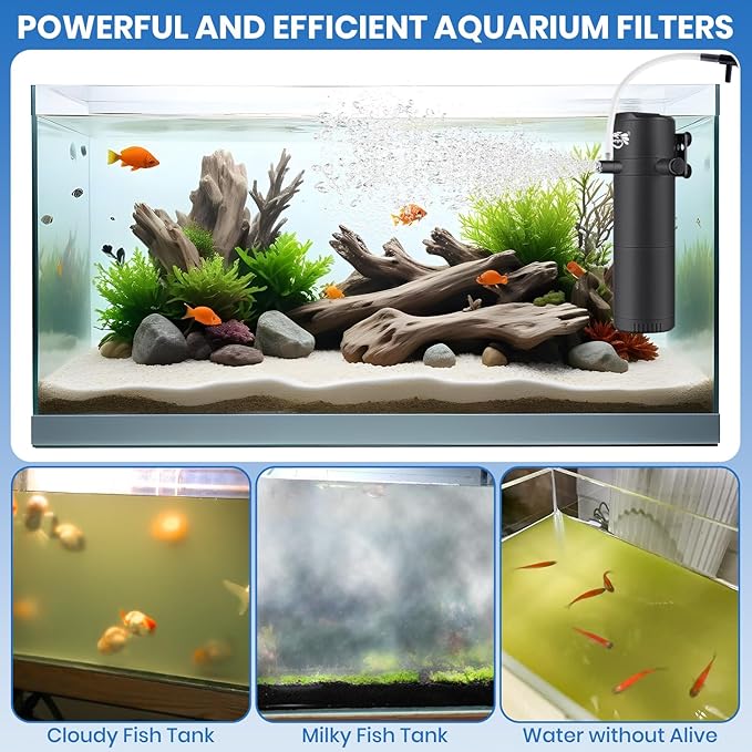 Aquarium Filter for 15-40 Gallon Tank, Submersible Fish Tank Filters with Wave-Maker Oxygenation Circulation, Adjustable Air Flow Filter for Freshwater & Saltwater (8W)