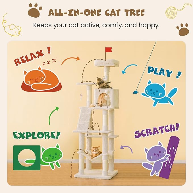 MWPO 63.8 inches Multi-Level Cat Tree for Large Cats with Sisal-Covered Scratching Posts, Padded Platform, Hammock and Condo,Stable Cat Tower Cat Condo Pet Play House-Beige