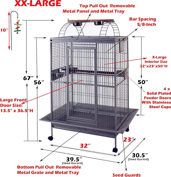 Extra Large Castle PlayTop Parrot Rolling Cage for Large Macaws Cockatoos African Grey Amazon (32" L x 23" W x 66" H WhiteVein)