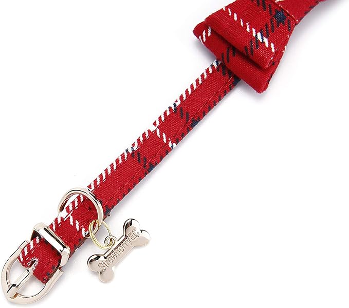 Puppy Collars for Small Dogs - StrawberryEC Adjustable Puppy Id Buckle Collar Leather. Cute Plaid Bandana Dog Collar (Bow-Red Grid)