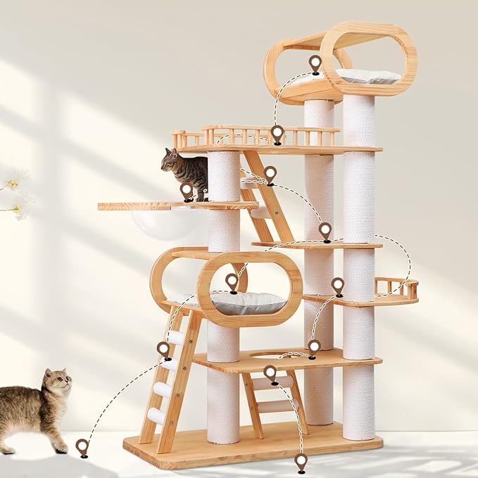 76.8'' Tall Modern Large Cat Tree,Multi-Level Wood Cat Tower for Indoor Cats Large Adults,Luxury Heavy Duty Cat Condo with Cushion,Scratching Posts,Clear Hammock Activity (76.8inch)