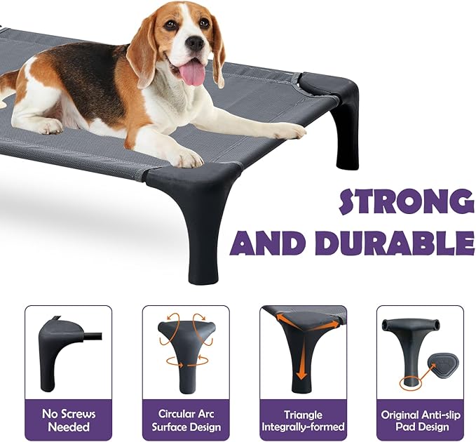 Outdoor Elevated Dog Bed With Portable Bag, Easy to Assemble for Medium Small Dogs, Raised Cot With Pet-Friendly Feet, Breathable Mesh for Camping or Travel, Dark Grey