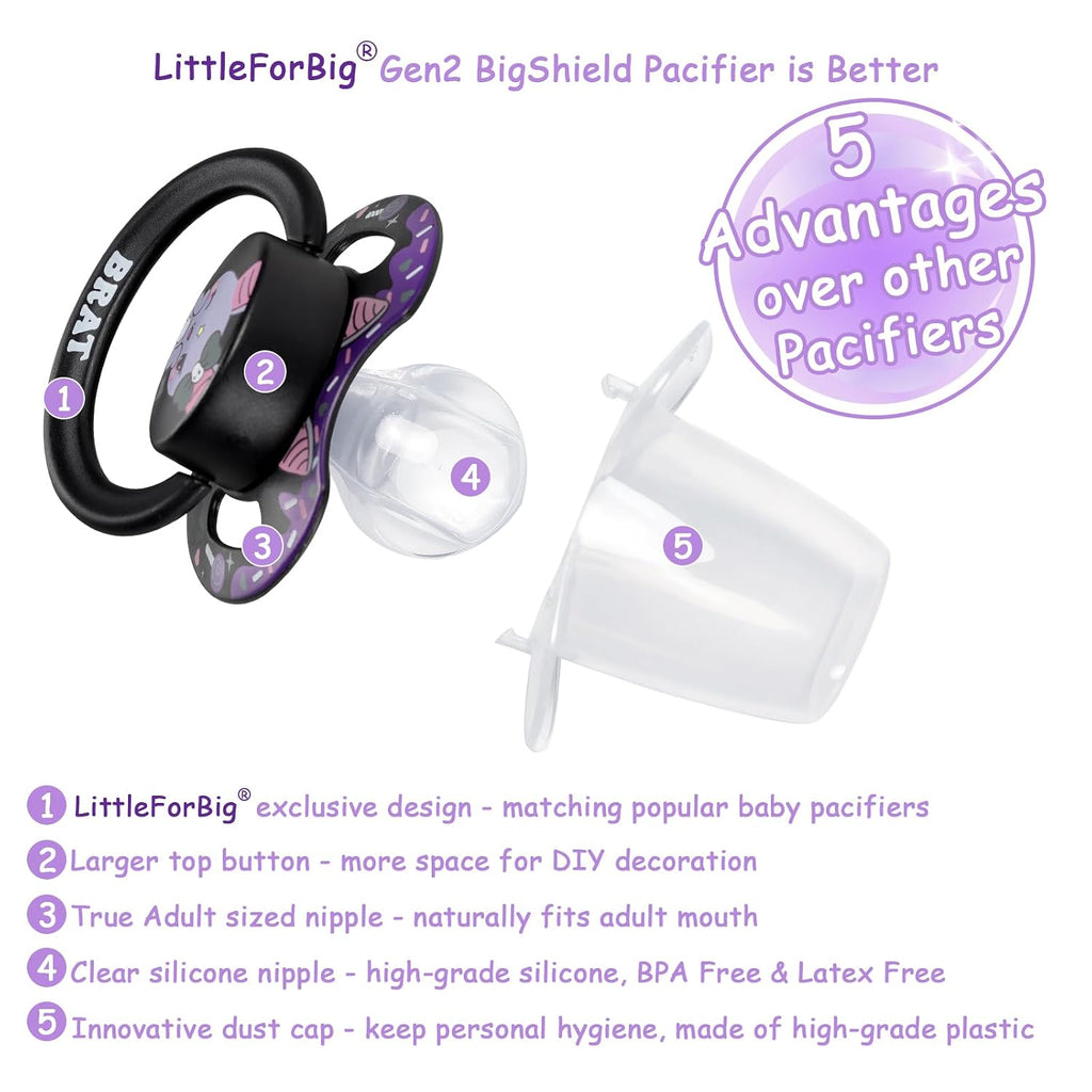 LittleForBig Bigshield Generation-II Printed Pacifier Suitable for Adults Brat Bella Pattern Black