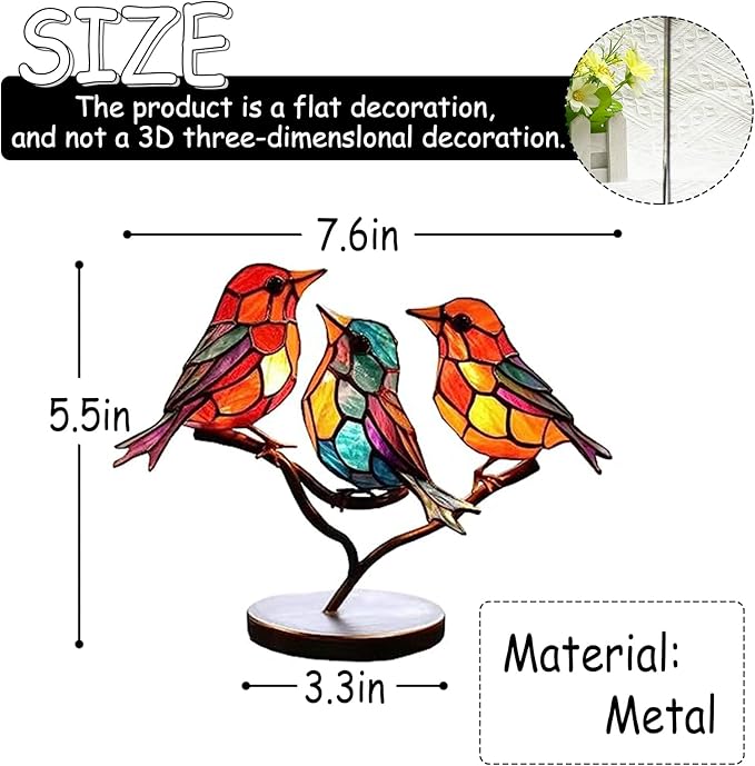 3Birds on a Branch, Metal Desktop Decorations, Home Bird Decorations for Office, Window, Aviary, Garden, Gifts for Bird Lovers, Boxed Set.