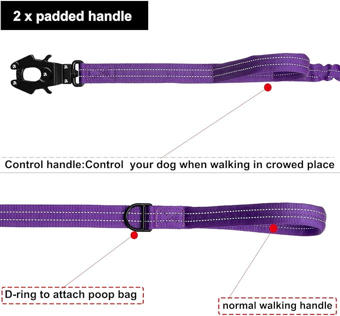 ICEFANG Tactical Dog Leash,K9 Training Walking Bungee Lead with 2 Control Handle,Heavy Duty Quick Release Metal Clasp,for Medium Large Breed (Reflective Purple, 6 FT)