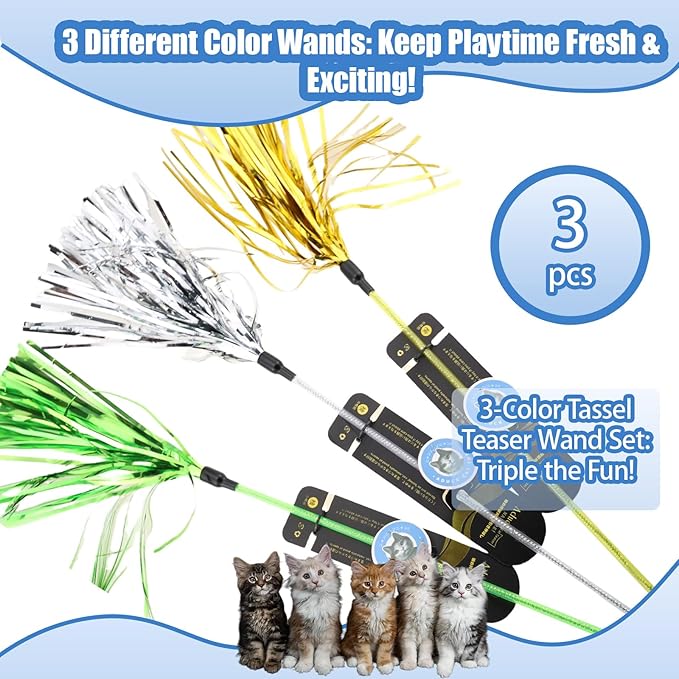 ADUCK Interactive Cat Teaser Wand Toy with Tassels - Durable Cat Chaser for Indoor Kitten Exercise, Boredom Relief & Training Play, Pack of 3 (Gold, Silver, Green)