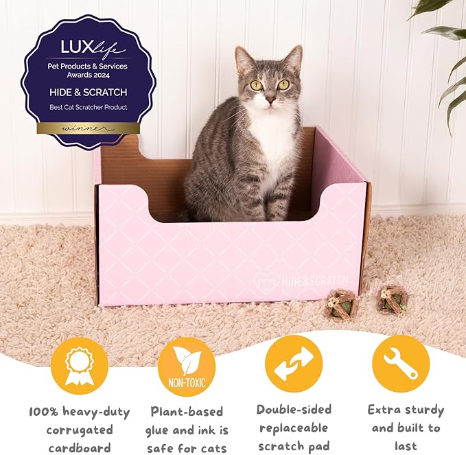 HIDE & SCRATCH Cat Scratcher Box and Cat Bed with Refillable Double-Sided Cardboard Scratch Pad for Indoor Cats