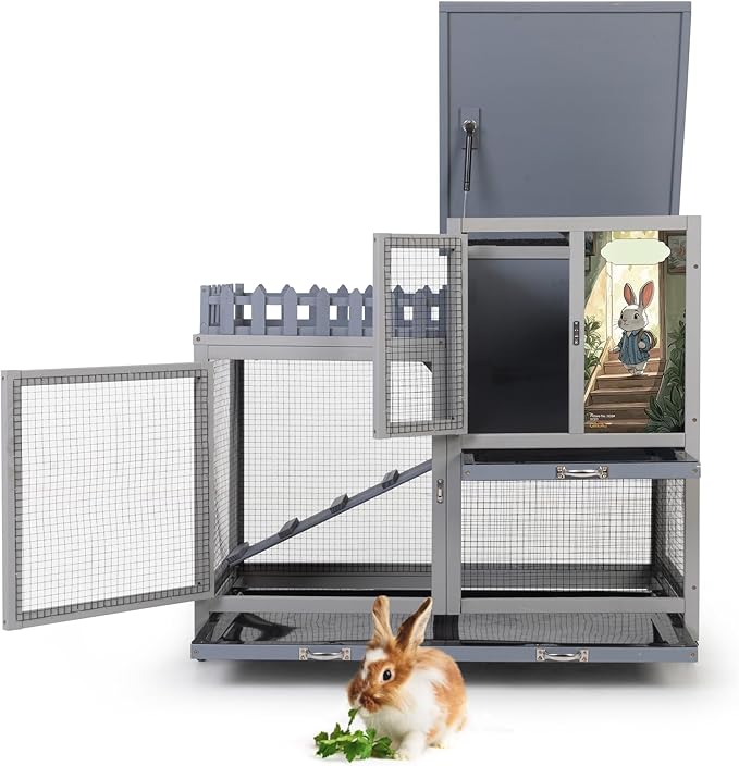 Wood Rabbit Hutch with Balcony - Small Animal House Bunny Cage on Wheels for Indoor Outdoor, Rabbit Cage Included Ramp, Pull Out Tray, (Grey with Pattern)