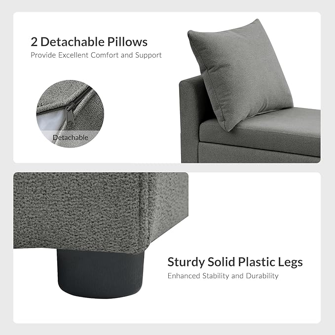 HULALA HOME Modern Storage Ottoman Bench with Throw Pillows, 59" Extra Long End of Bed Bench with Storage Pocket, Comfy Upholstered Footstool for Bedroom Entryway Living Room, Charcoal