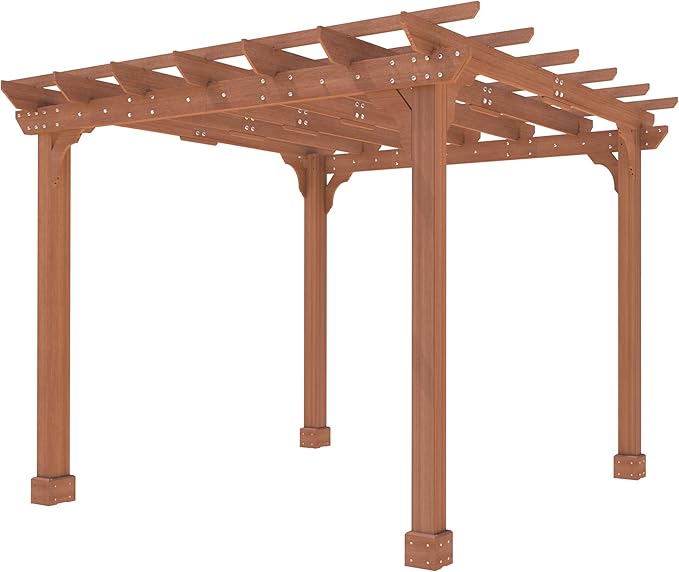 MUPATER 10×10 FT Wooden Pergola with Roof, Wood Pergola Kit with Stakes, Outdoor Shelter Structure for Climbing Plant Support, All-Season Durability, Shade for Patio, Backyard, Deck, Lawn