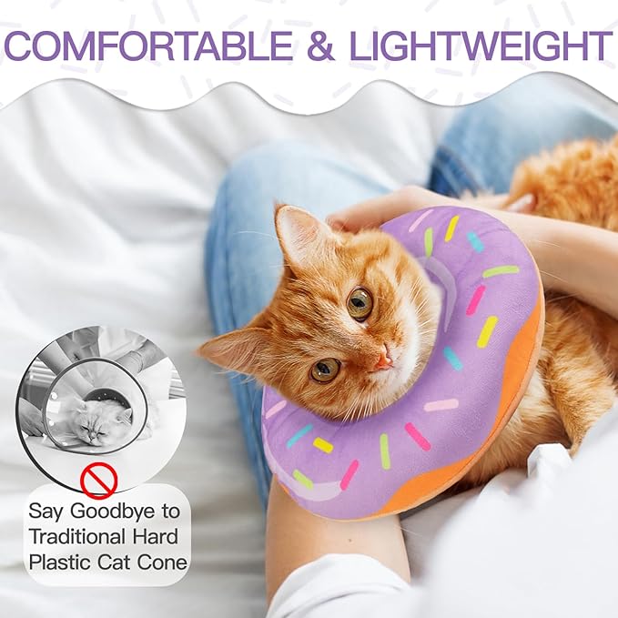Cat Cone Collar Soft, Cute Cat Donut Collar After Surgery, Adjustable Kitten Recovery Cones to Stop Licking, Lightweight Neck Elizabethan Collars for Cats Kittens (Purple, Medium)