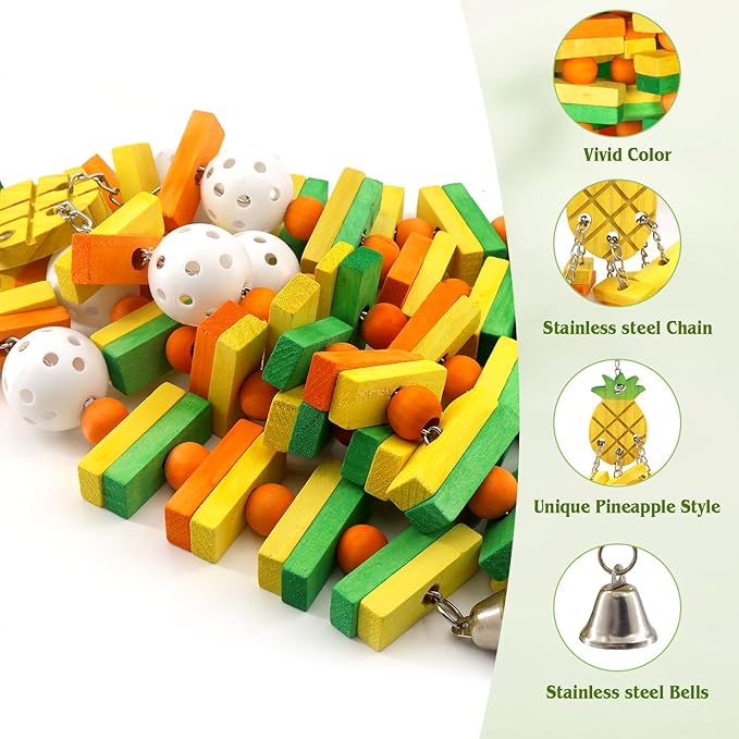 Large Wooden Bird Toys for Parrots, Cockatoos, Cockatiels, and Parakeets, Safe and Durable Shredding Cage Toy for Engaging Play Things (Pineapple)