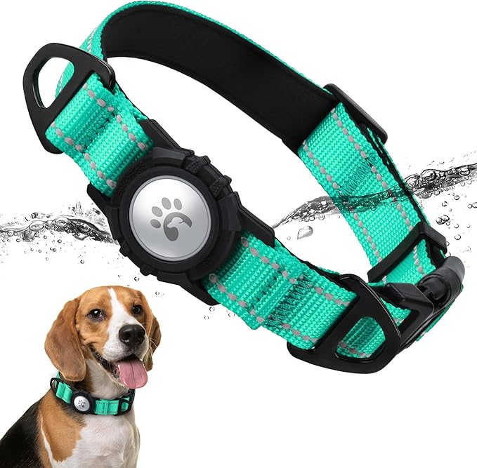TagME Airtag Dog Collar,Waterproof Reflective Pet Collar with Airtag Holder,Soft Padded and Double D-Rings for Medium Dogs,Turquoise