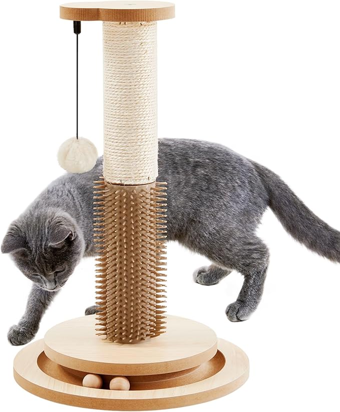 Made4Pets Cat Scratching Post 18" Tall for Small Kittens, 4-in-1 Cat Scratcher with Natural Sisal Ropes, Wooden Turntable Track Toy with Self Grooming Brush, Premium Scratch Pole with Plush Balls
