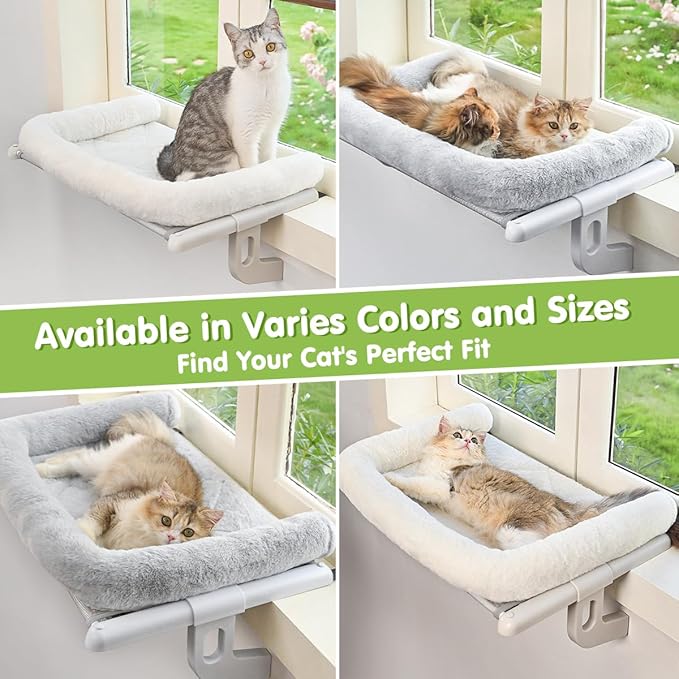 Cat Window Sill Perch with Large Bolster, Easy to Adjust & Assemble Cat Window Seat for Windowsill & Bedside, Pet Hammock Bed for Large Cats and Kittens (White, L)