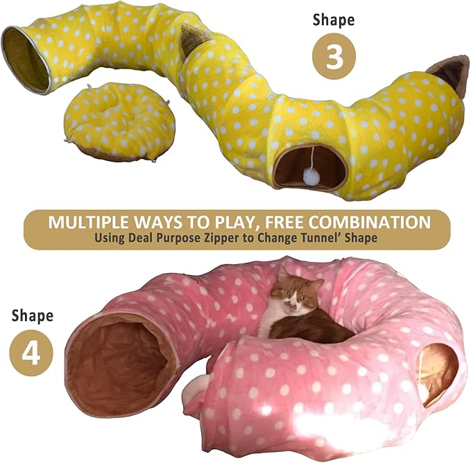 AUOON Cute Cat Donut Tunnel - Round Cat Tunnel Bed with Washable Cushion Interactive Cat Toy for Indoor Cats Kitten Kitty Puppy Rabbit Ferret (Pink)
