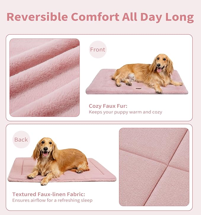 MADE 4 PETS Dog Crate Pad Bed for Medium Large Dogs, Washable & Reversible, Anti-Slip Kennel Mat for Cozy Sleeping, Soft Fluffy Dog Bed for Indoor & Outdoor Use, 35"x23", Pink