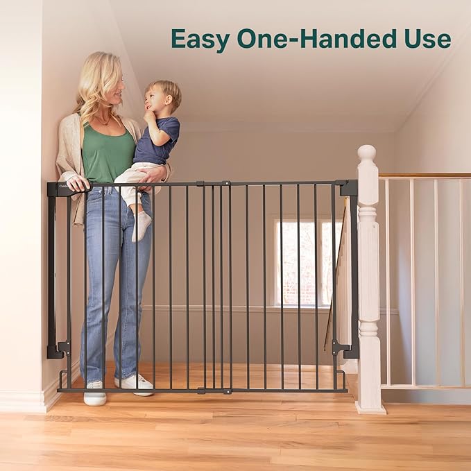 Cumbor 34" Extra Tall No Bottom Bar Baby Gate for Stairs, Auto Close Dog Gate Indoor for Larger Pets, 31.6-48" Hardware Mounted Safety Gate for Doorways, Wide Walk Thru Door for Easy Access (Black)