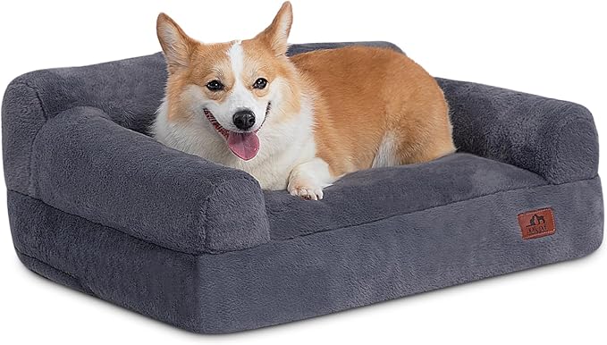Hollypet Fluffy Plush Dog Cat Pet Couch Soft Calming Sofa Bed for Medium Small Cats and Dogs, Gray, M