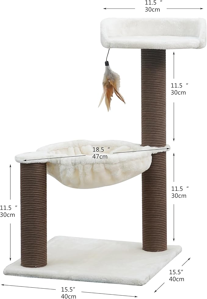 Catry Nirvana 3-Level Kitten Tree with Plush Perch, Soft Hammock, and Paper Rope Scratching Posts, Minimalist Cat Furniture for Climbing, Scratching & Resting, Ideal for Kittens & Small Cats, Beige