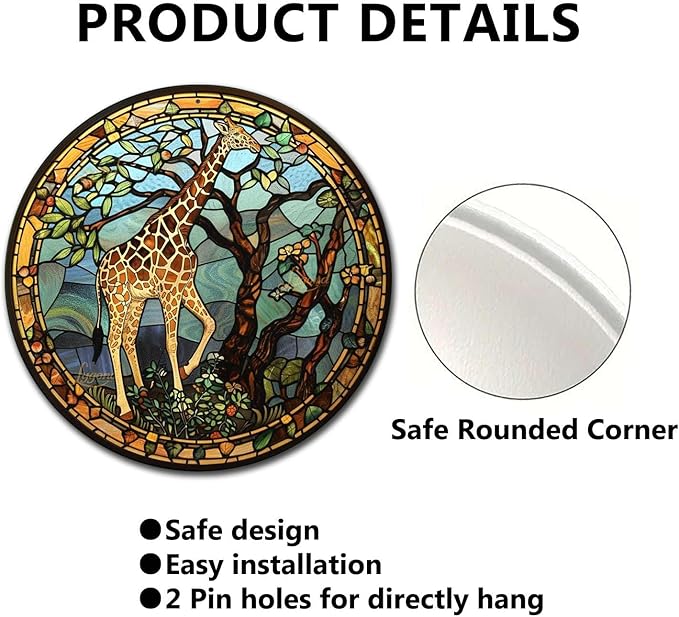 Lygond Metal Sign Tin Sign Circular Stained Glass Giraffe Bathroom Signs for Home for Gift 12×12 Inches