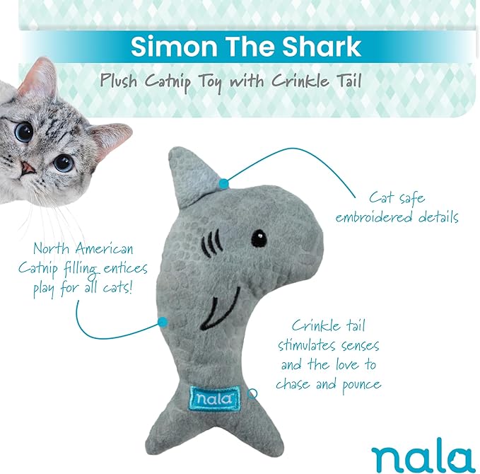 Caitec Presents Nala Cat Simon The Shark - Catnip Toy - Interactive Cat Toy - Chew Toy - Pillow Toy, 3 Pack