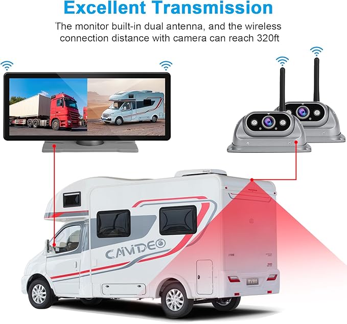 RV Wireless Backup Cameras with 10.26 inch Touch Monitor for Car Truck Trailer Bus Camper Motorhome, DVR Video Recording, Infrared Night Vision, Two Rear Side Wide View Back Up Camera Split Screen