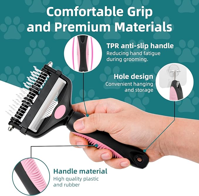 3-IN-1 Pet Grooming Tool - Undercoat Rake, Dematting Comb & Deshedding Brush for Cats & Dogs - Removes Mats, Tangles & Loose Fur, Reduces Shedding & Prevents Hair Mess (Pink)