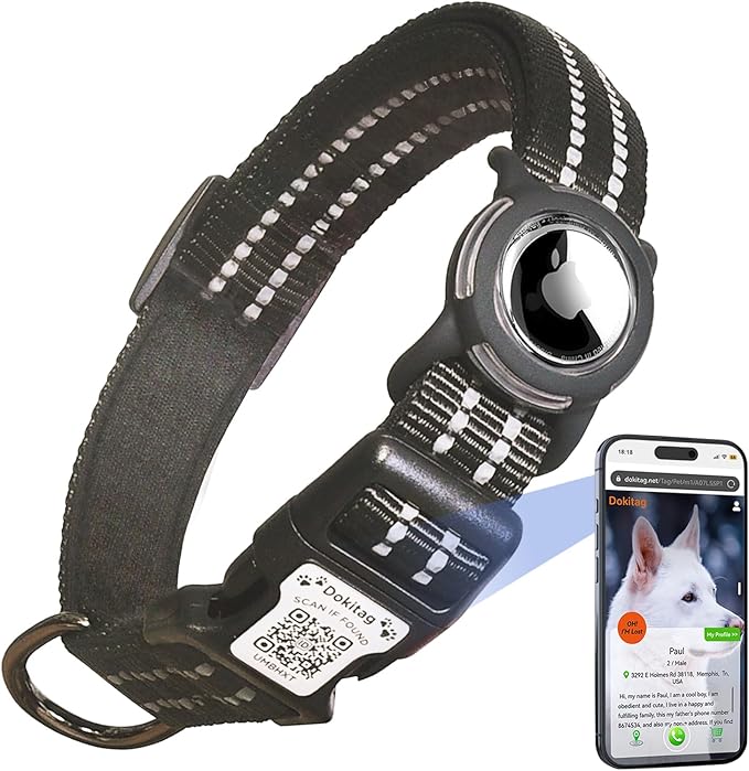 Reflective Dog Collar with Apple AirTag Holder & QR Code Pet ID Tag,Soft Nylon Adjustable Dog Tracker Collar with Safety Lock for Large Dogs(Black, L)