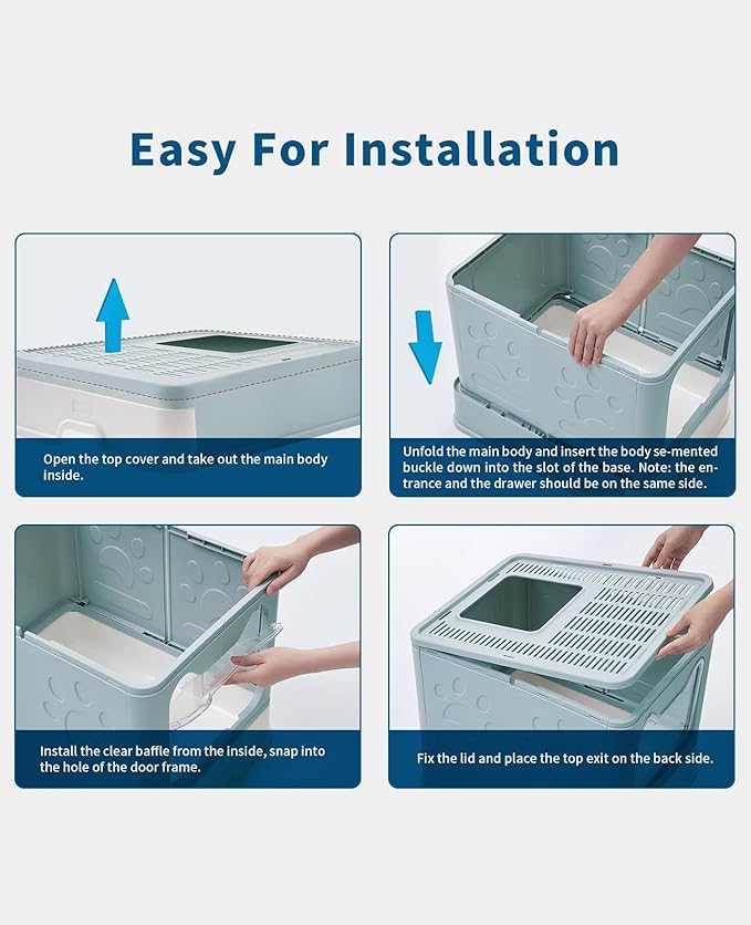 Cat Litter Box with Litter Mat and Scoop, Large Foldable Litter Box with Lid, Front Entry Top Exit Kitty Box, Odor Control, Easy to Clean (Blue)