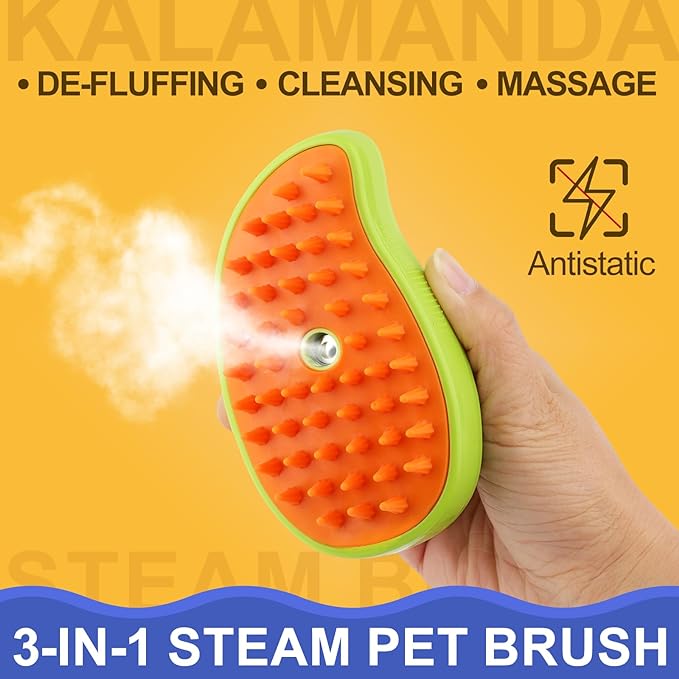 3 in 1 Cat Steamer & Brush - Silicone Massage Grooming Tool, Pet Hair Cleaning Comb for Cats & Dogs (Mango Green)