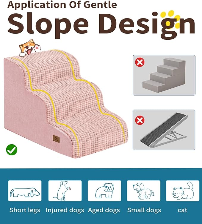Dog Step for Bed, Dog Stair 3-Step 35D Pet Stair 15.7" H for High Bed or Sofa Non-Slip Balanced Pet Step Indoor, Pink