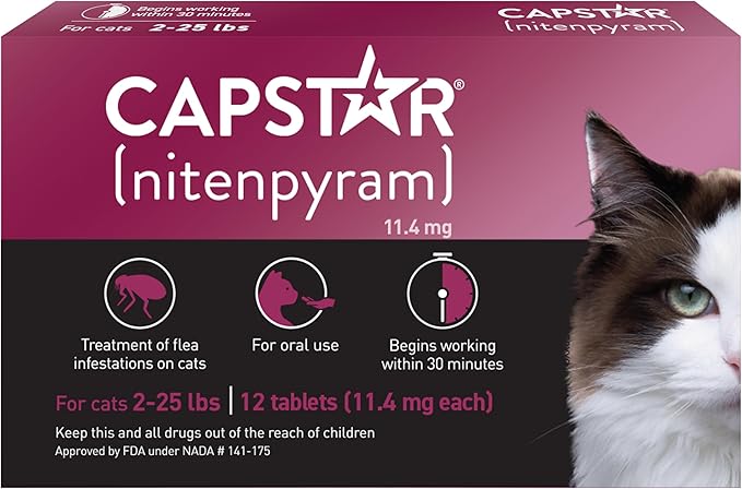 Capstar (nitenpyram) for Cats, Fast-Acting Oral Flea Treatment for Cats 2-25 lbs, Vet-Recommended Flea Medication Tablets Start Killing Fleas in 30 Minutes, 12 Doses
