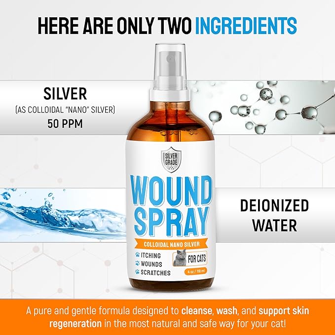 Cat Wound Care Spray with Silver – Wounds, Rashes, Hot Spots, Itch, Scratching, Irritation, Bites & Burns – Use a Cat Cone to Prevent Licking – Safe Formula – 4 Oz