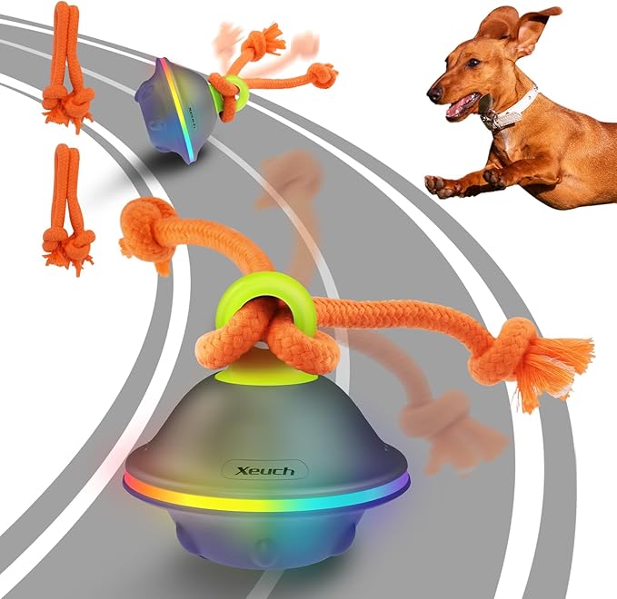 Interactive Dog Toys, Automatic Moving and Rolling LED Light Up Dogs Ball with Rope, Motion-Activated Wicked Ball for Small Medium Pup, Stimulation Toy for Boredom Relief